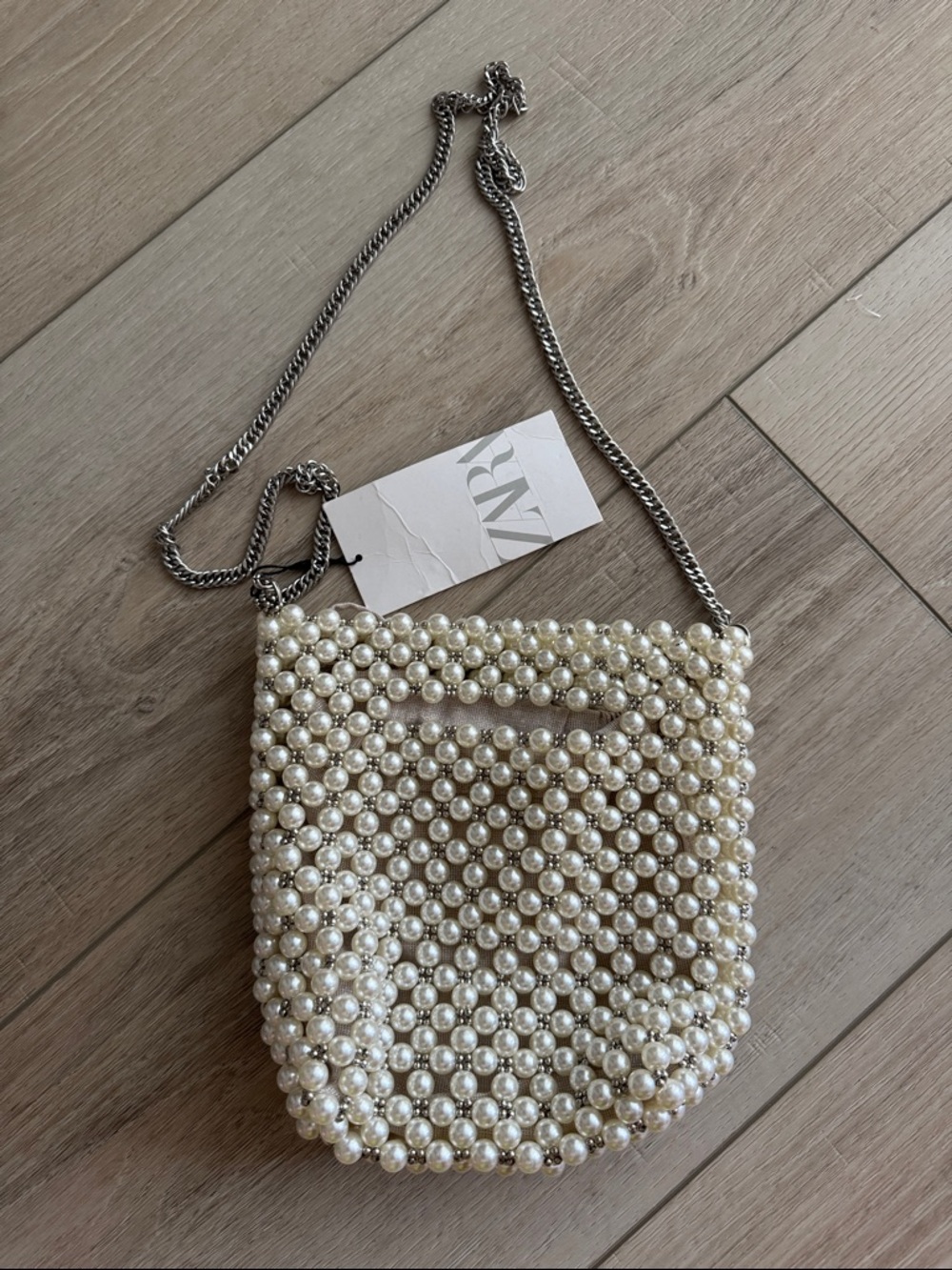 NWT ZARA Pearl-Embellished White Crossbody Bag